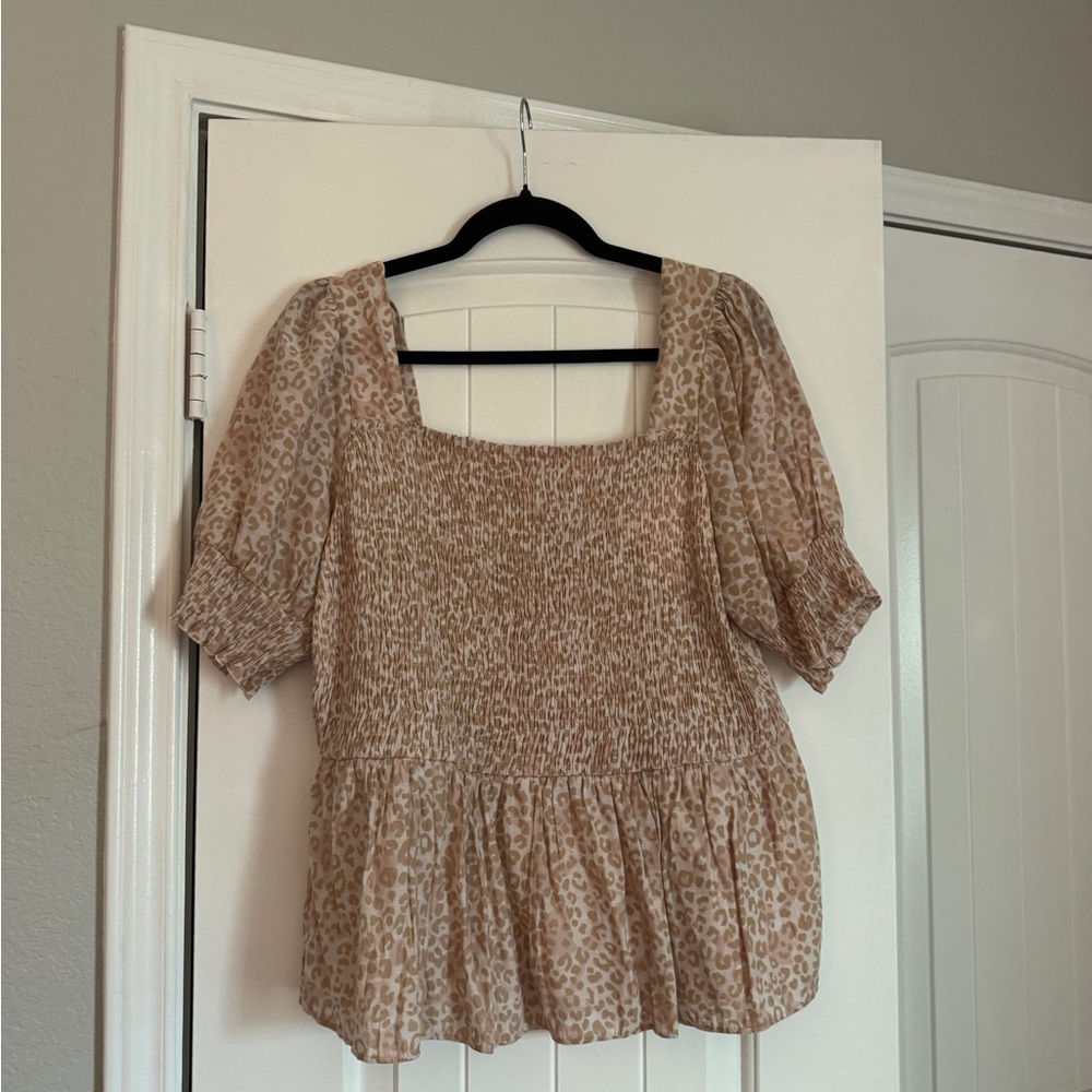 Nine West Beige Leopard Smocked Peplum Top